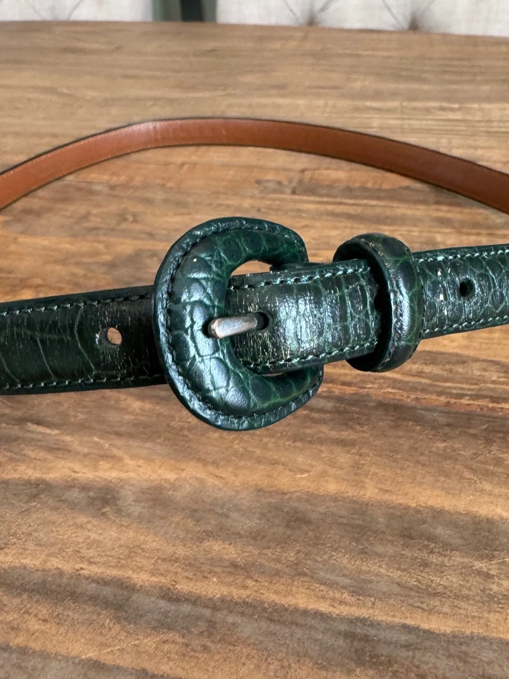 Vintage Lauren Ralph Lauren Dark Forest Green Croc Embossed Thin Belt Sz L 36